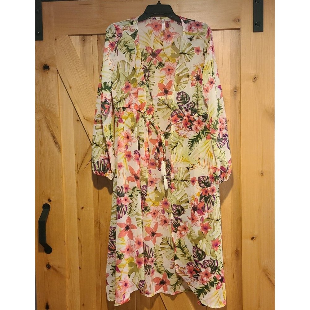 Goa Beachwear by Japna Size L Cover-Up Robe Beach Dress Pink Green Floral Tropic